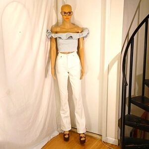 Stunning Michael Kors Light Blue Denim Ruffle Off Shoulder Crop Top